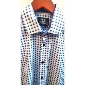 WRK Dress Shirt 15.5 NWT Plaid Check Navy/Lt. Blue/Wht Flip Cuffs L/S Button Up